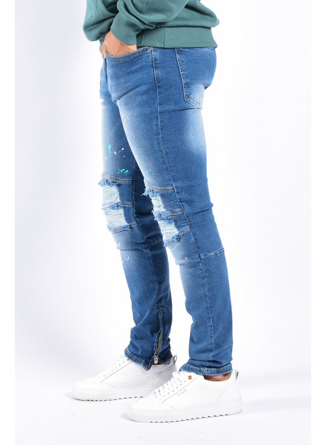 Premium Urban Zipper Biker Stretch Jeans Blue - Green Details