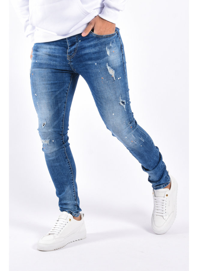 Skinny Fit Stretch Jeans “Vigo” Blue Orange / White Splashes