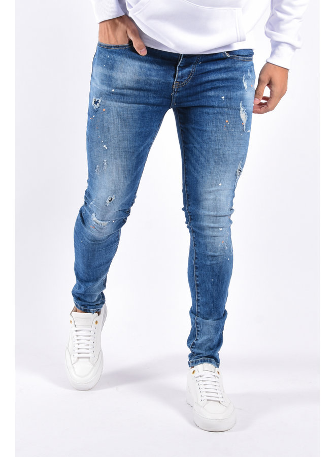 Skinny Fit Stretch Jeans “Vigo” Blue Orange / White Splashes