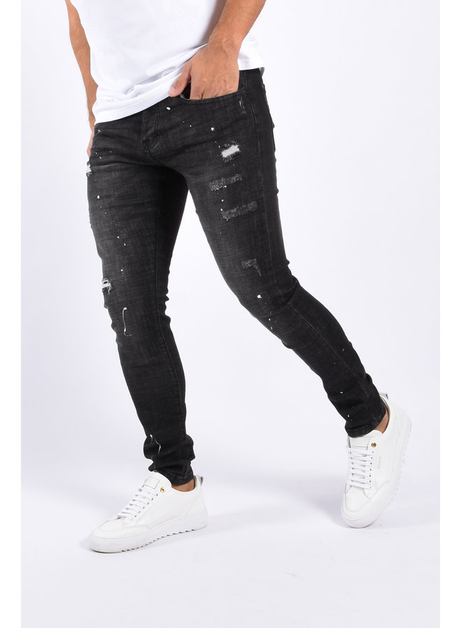 Slim Fit Stretch Jeans “Clint” Black - White Splashes