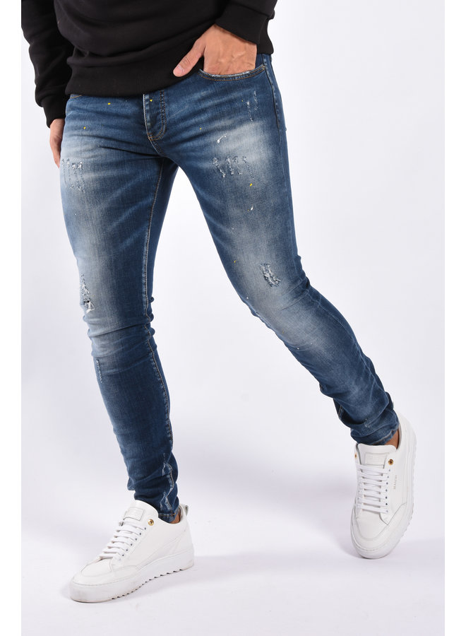 Skinny Fit Stretch Jeans “Terence” Dark Blue / White Yellow Splashes