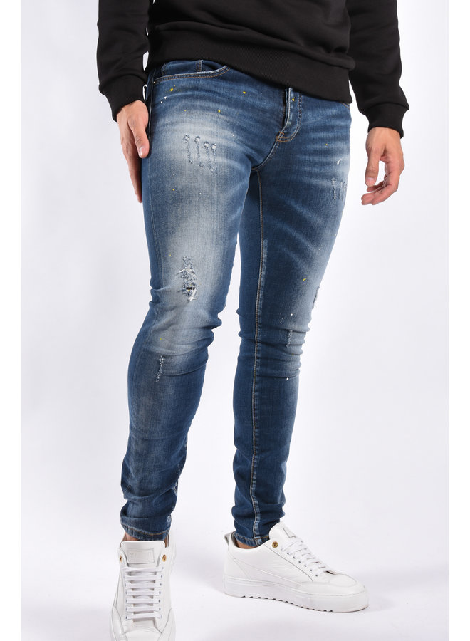 Skinny Fit Stretch Jeans “Terence” Dark Blue / White Yellow Splashes