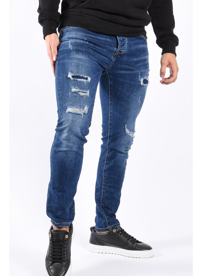 Skinny Fit Stretch Jeans "Olivier" Dark Blue Distressed