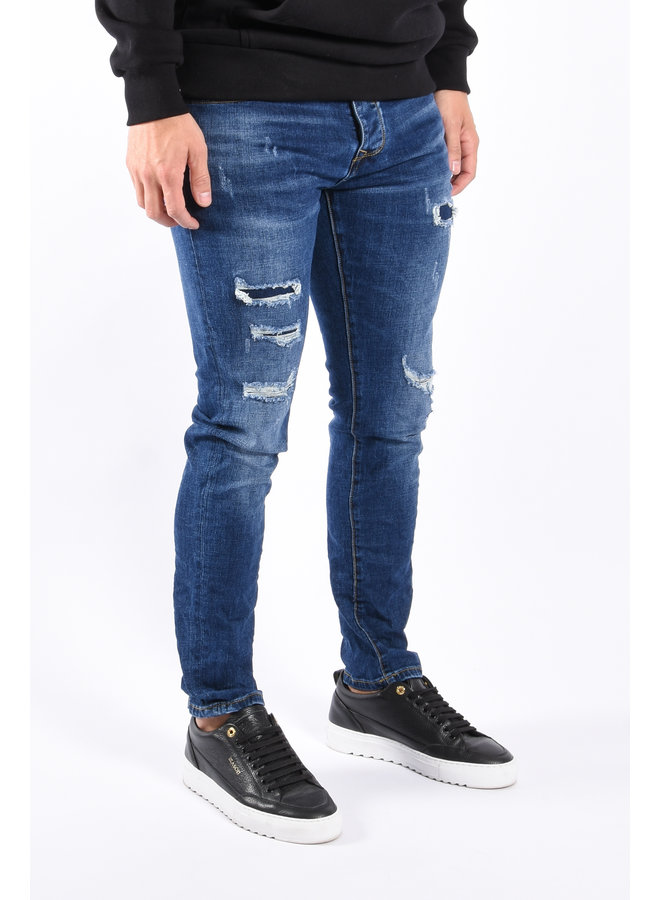 Skinny Fit Stretch Jeans "Olivier" Dark Blue Distressed