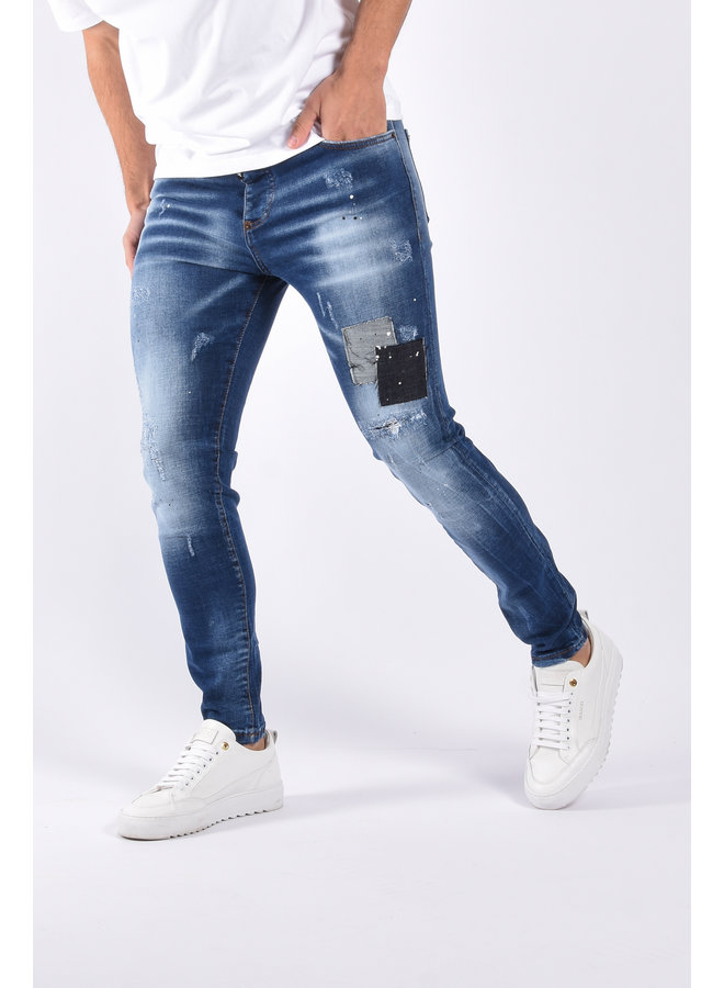 Slim Fit Stretch Jeans "Dani" Blue Splashed / Patched