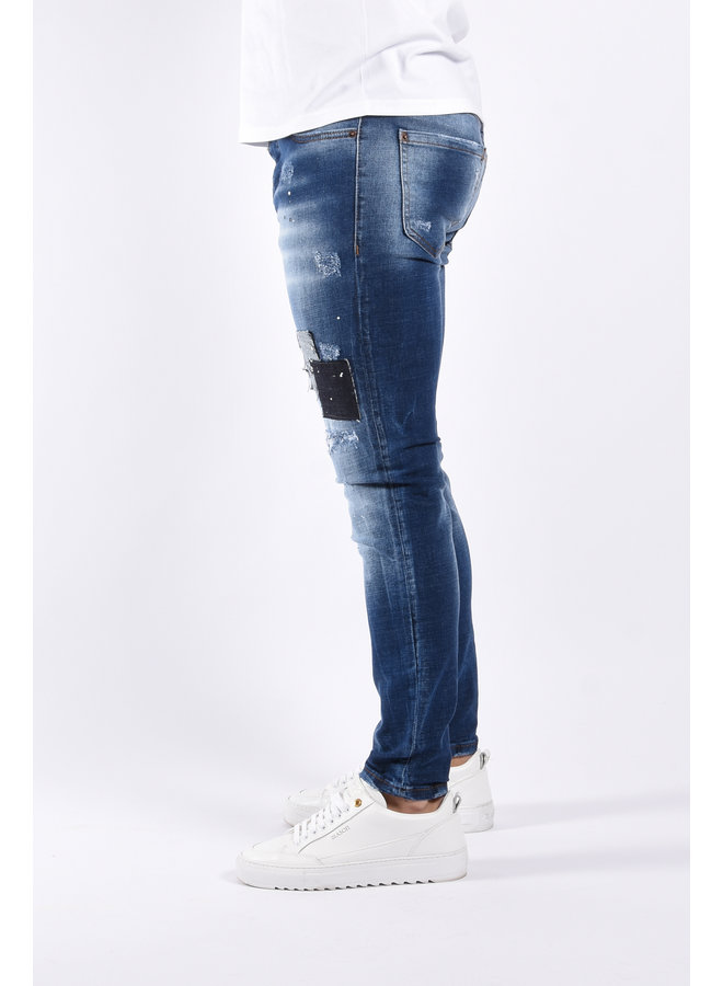 Slim Fit Stretch Jeans "Dani" Blue Splashed / Patched