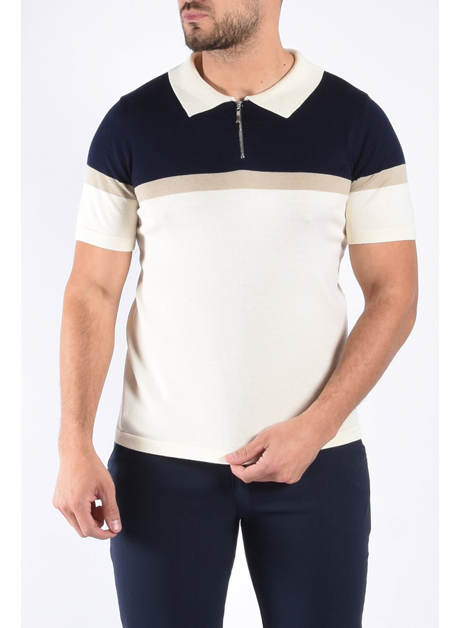 Premium Zipper Polo  “Alessio” Navy Blue / Beige