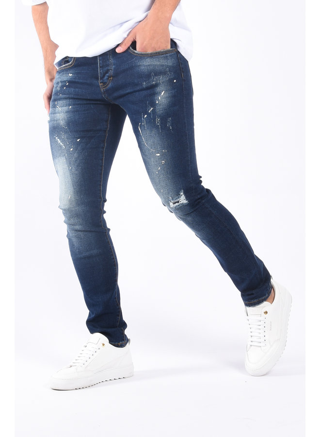 Slim Fit Stretch Jeans “Ice” Dark Blue & White Splashes