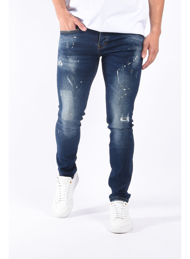 Slim Fit Stretch Jeans “Ice” Dark Blue & White Splashes