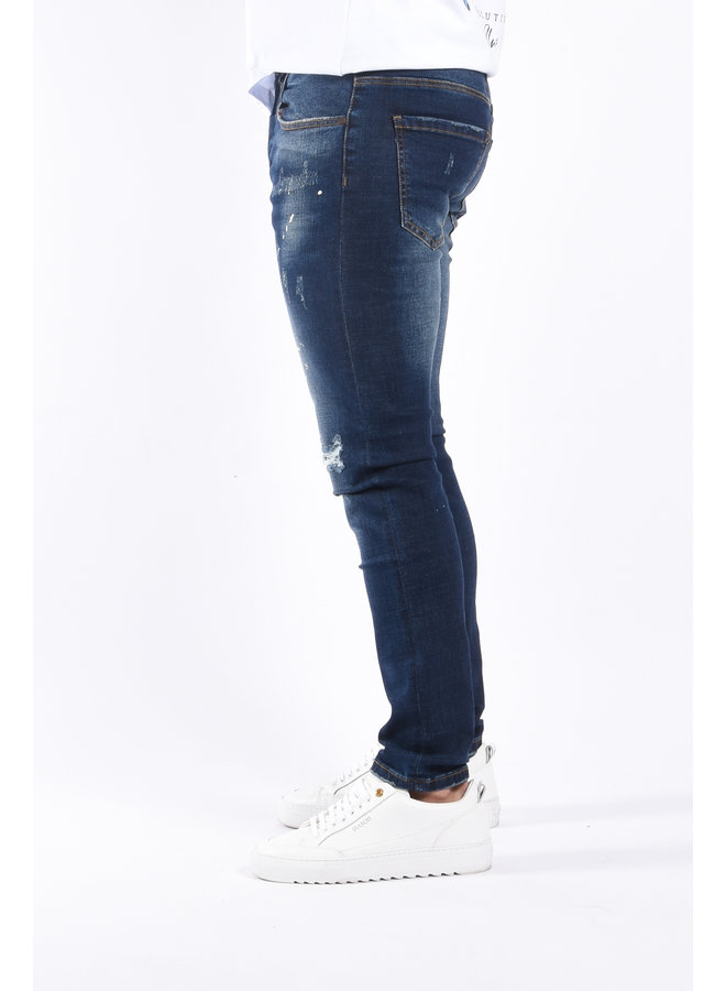 Slim Fit Stretch Jeans “Ice” Dark Blue & White Splashes