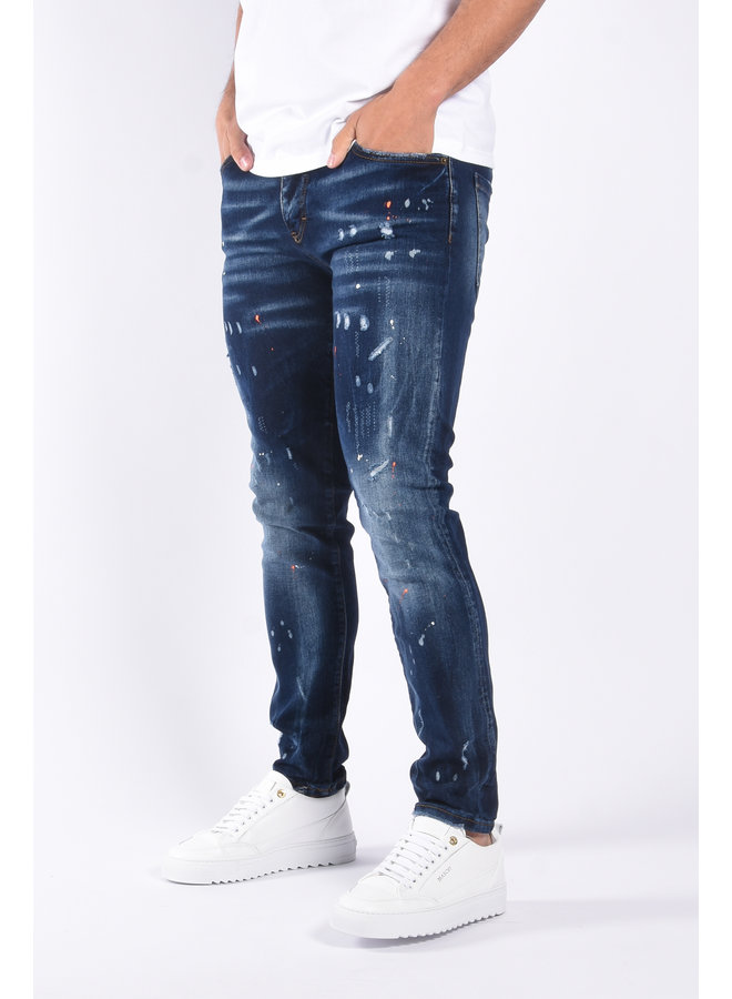Slim Fit Stretch Jeans ”Sonny” Blue & Orange / White Splashes