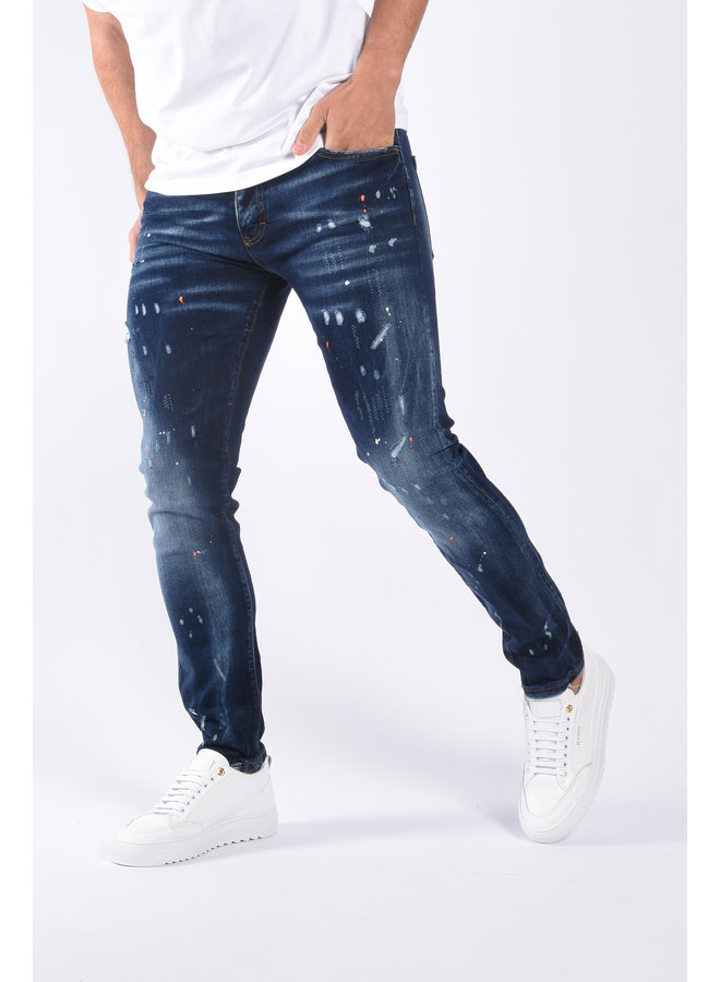 Slim Fit Stretch Jeans ”Sonny” Blue & Orange / White Splashes