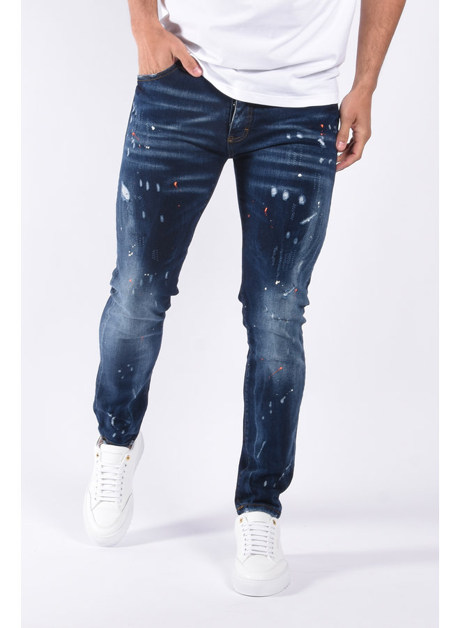 Slim Fit Stretch Jeans ”Sonny” Blue & Orange / White Splashes