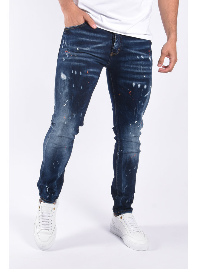 Slim Fit Stretch Jeans ”Sonny” Blue & Orange / White Splashes