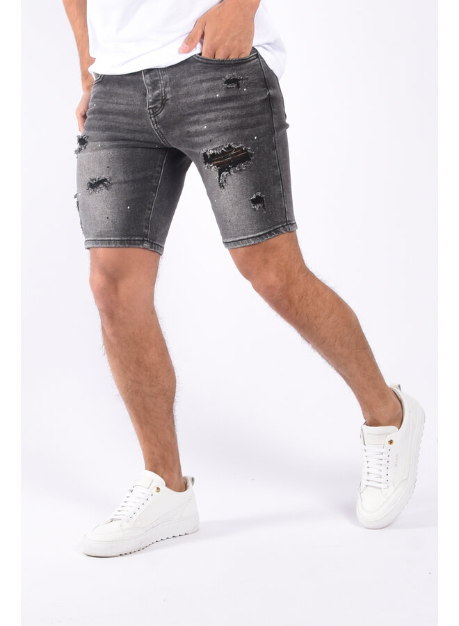 Jeans stretch shorts “rocky” Grey shredded & splashed