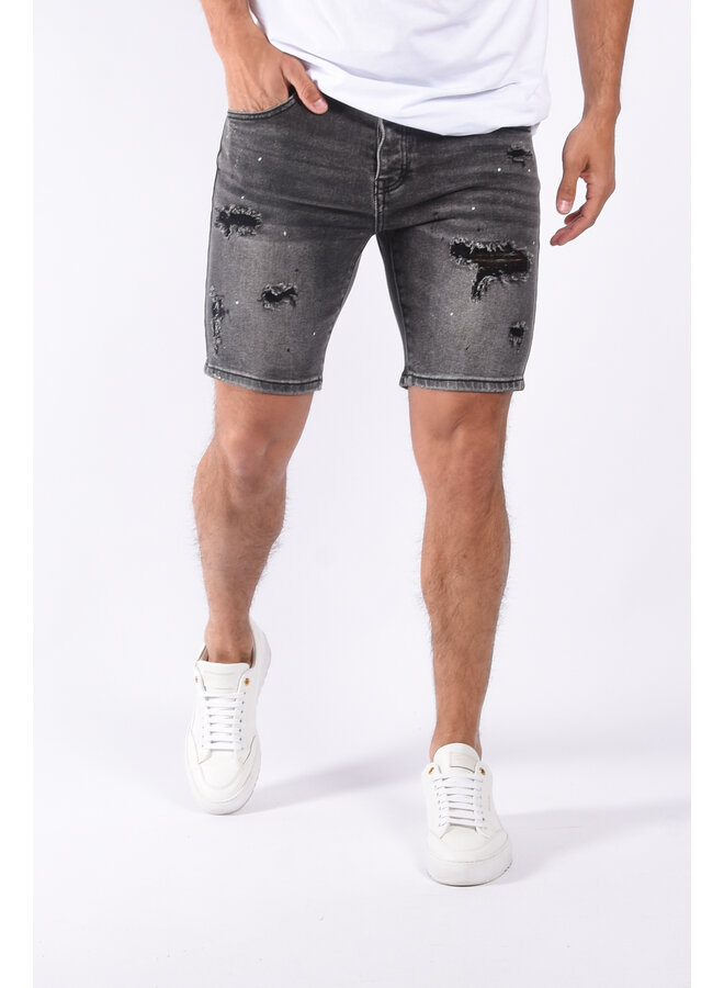 Jeans stretch shorts “rocky” Grey shredded & splashed