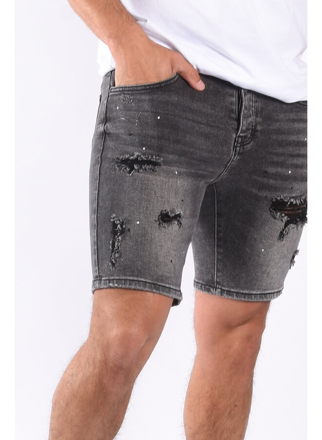 Jeans stretch shorts “rocky” Grey shredded & splashed