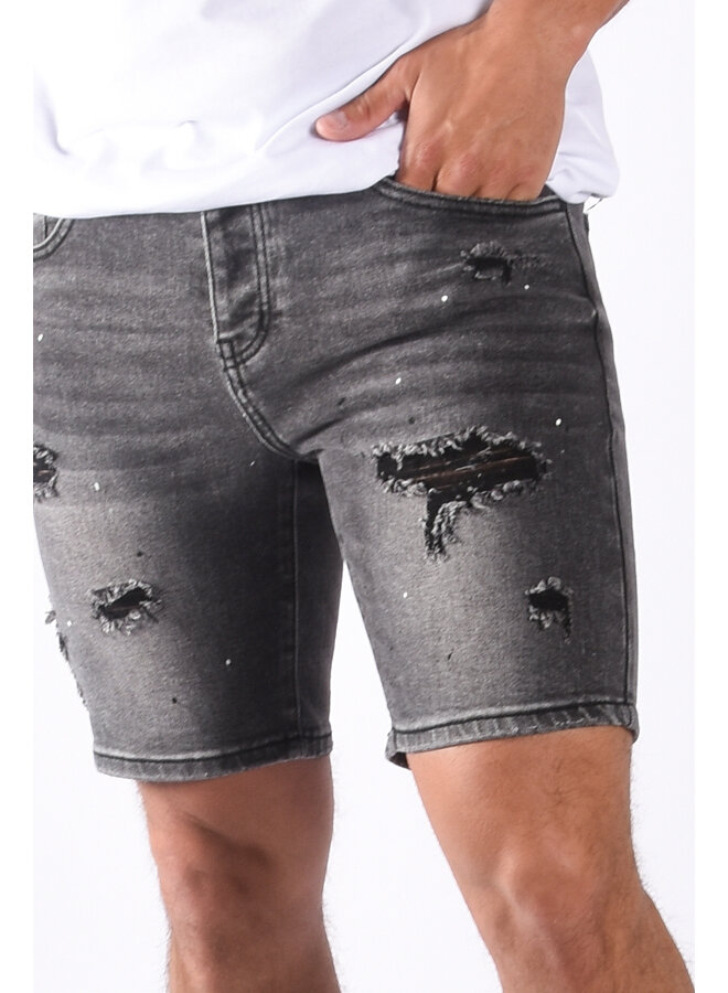 Jeans stretch shorts “rocky” Grey shredded & splashed