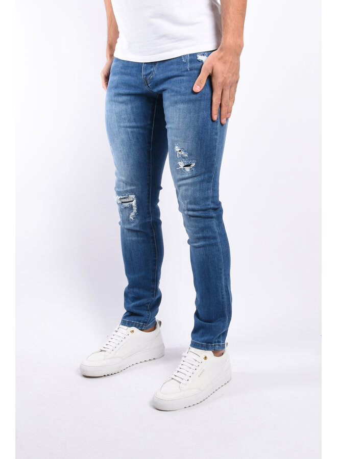 Slim Fit Stretch Jeans “Aron” Blue Distressed