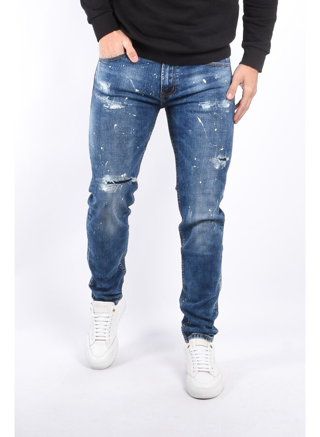 Slim Fit Stretch Jeans “Cassian” Blue / White splashes