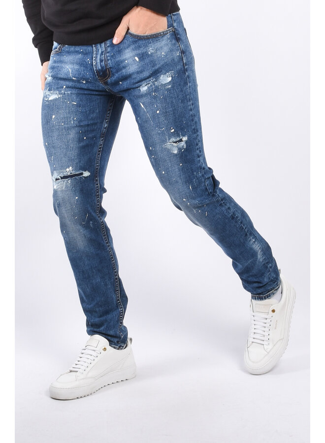 Slim Fit Stretch Jeans “Cassian” Blue / White splashes