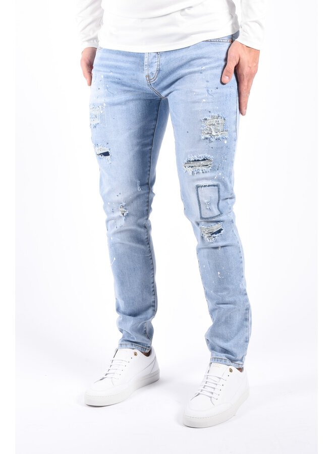 Slim Fit Stretch Jeans “Enrique” Light Blue Distressed / Splashed