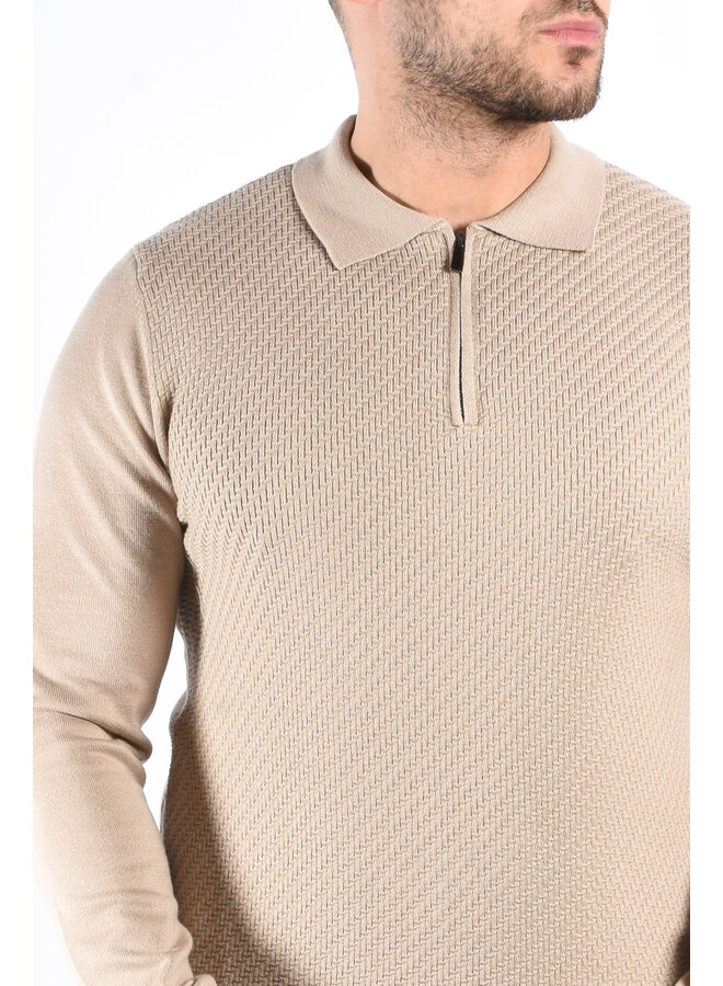 Textured Knit Zip Polo “Savio”  Beige