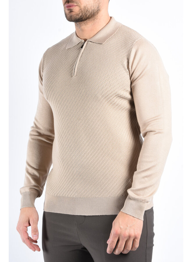 Textured Knit Zip Polo “Savio”  Beige