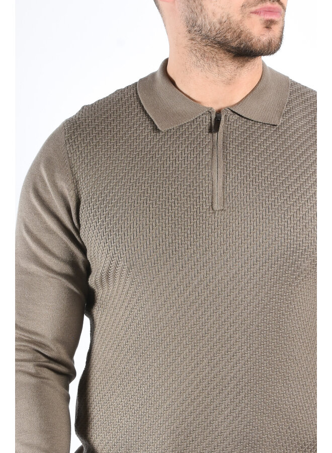Textured Knit Zip Polo “Savio”  Khaki Green