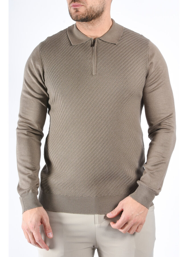 Textured Knit Zip Polo “Savio”  Khaki Green