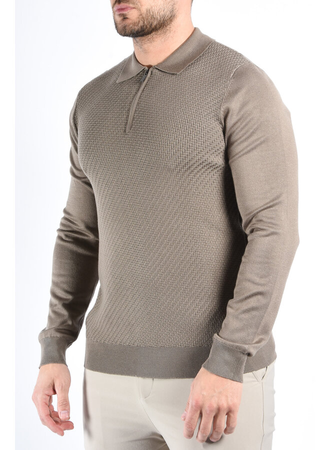 Textured Knit Zip Polo “Savio”  Khaki Green