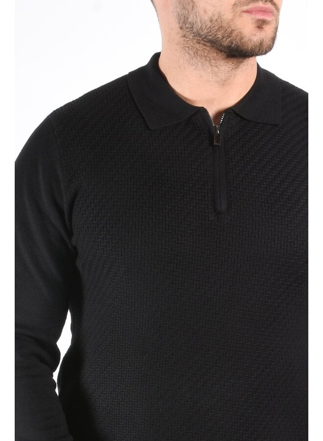Textured Knit Zip Polo “Savio” Black