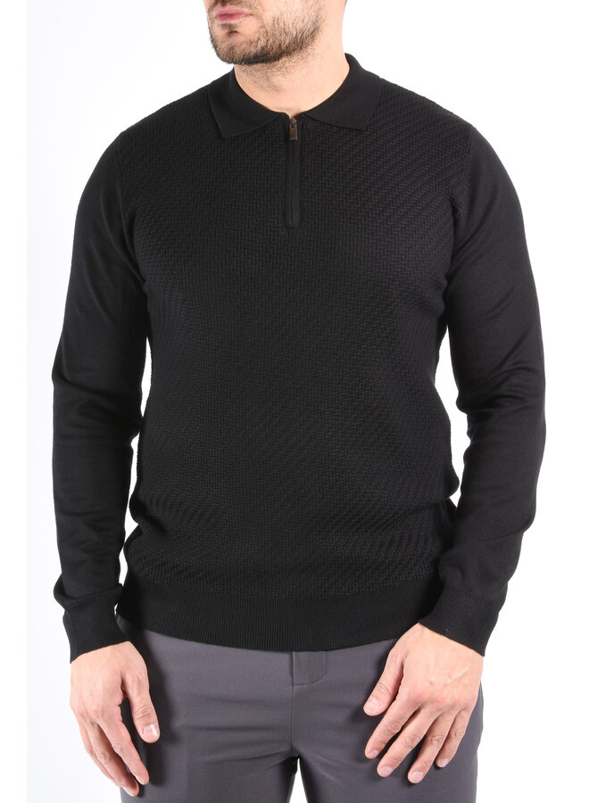 Textured Knit Zip Polo “Savio” Black