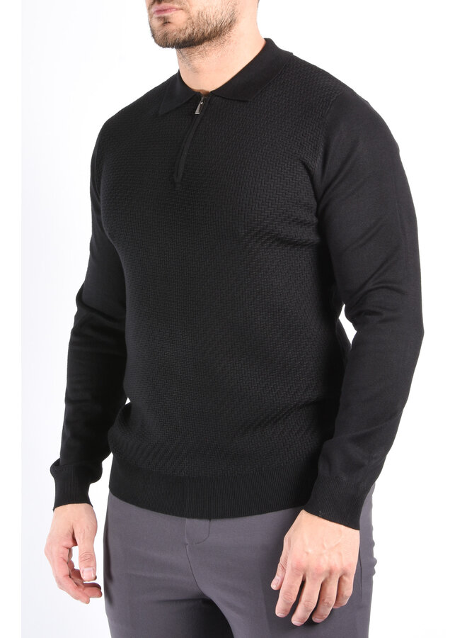 Textured Knit Zip Polo “Savio” Black