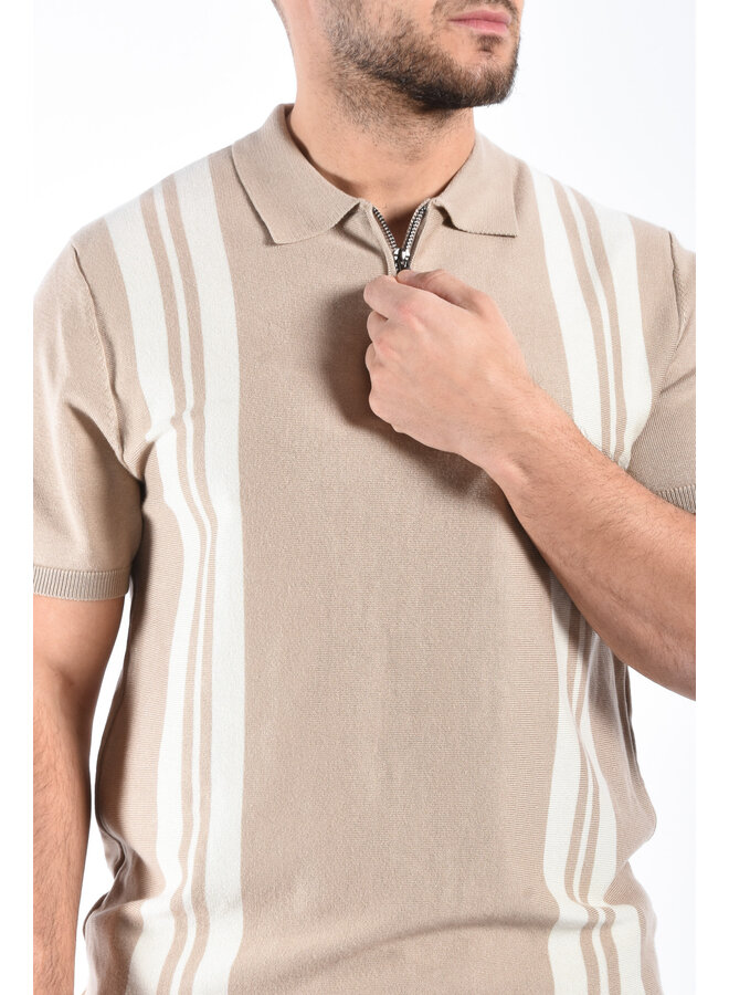 Striped Knit Zip Polo “Filip” Taupe / Beige