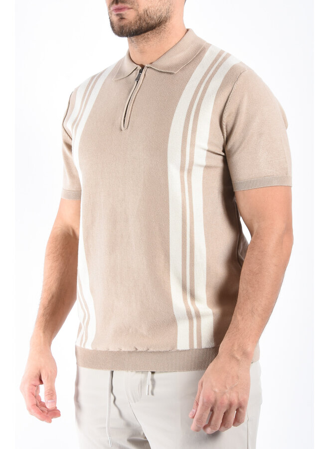 Striped Knit Zip Polo “Filip” Taupe / Beige