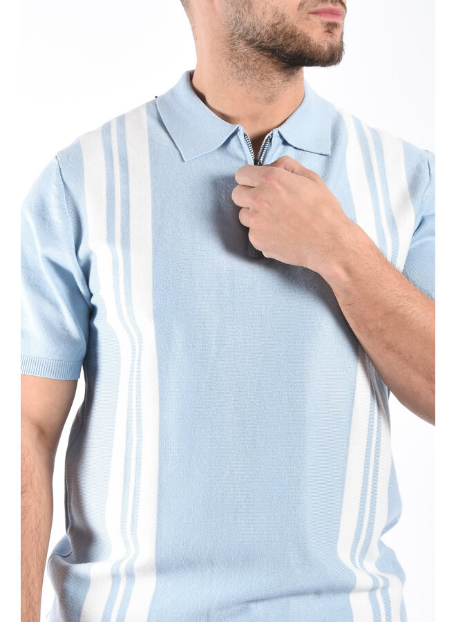 Striped Knit Zip Polo “Filip” Light Blue / White