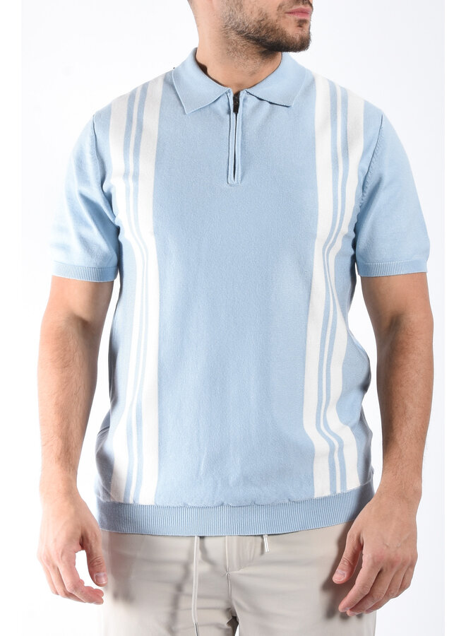 Striped Knit Zip Polo “Filip” Light Blue / White