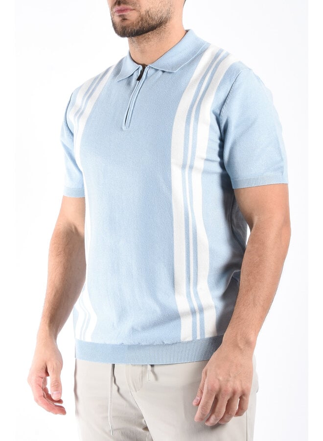 Striped Knit Zip Polo “Filip” Light Blue / White