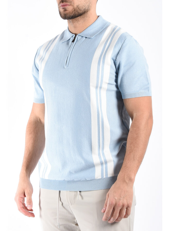 Striped Knit Zip Polo “Filip” Light Blue / White