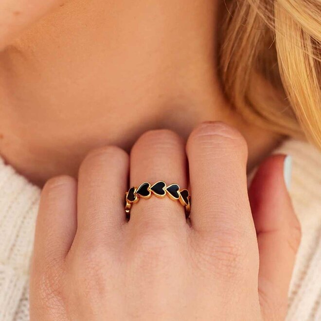 Pura Vida Love Enamel Heart Band Ring Black Gold