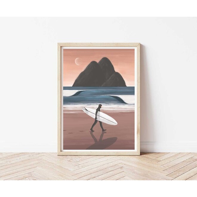 Trevor Humphres Surfer With Mountainious Backdrop Poster