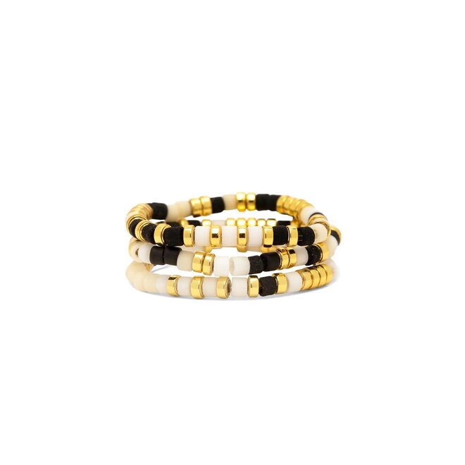 Pura Vida Mixed Beads Gold Stretch Ring 3 Set Monochrome