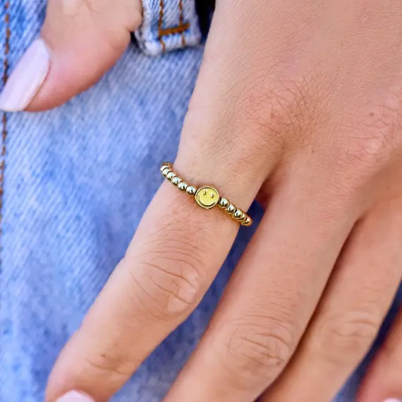 Pura Vida Happy Face Ball Stretch Ring Gold