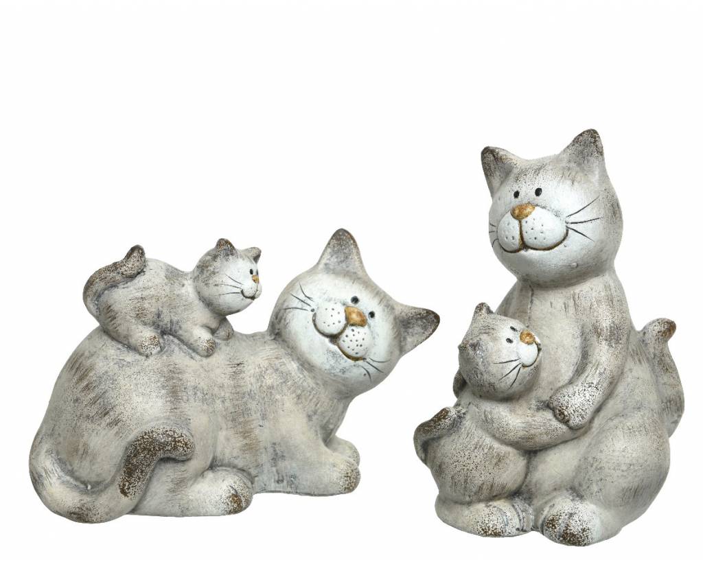 Chat Couche Avec Chaton Terre Cuite Gris