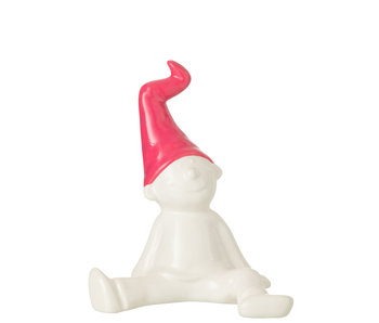 J-Line Figuur Gnome Sitting Ceramic White/Fuschia Large (34553)