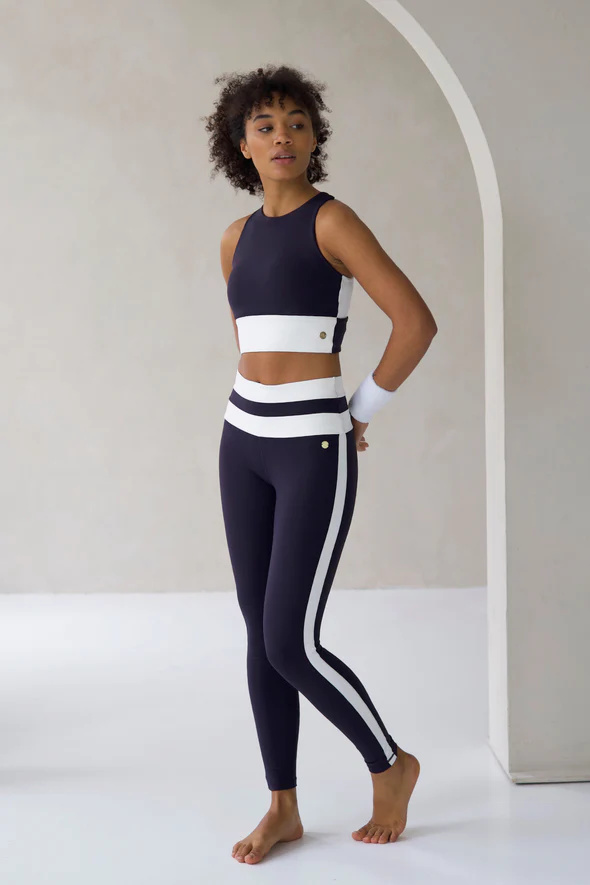 Dark Blue Tights with White Stripes - Yogue Activewear