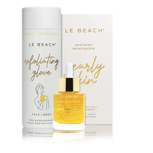 Le Beach Healthy Tan  Pack - scrub handschoen - tanningdruppels - shimmering bodylotion