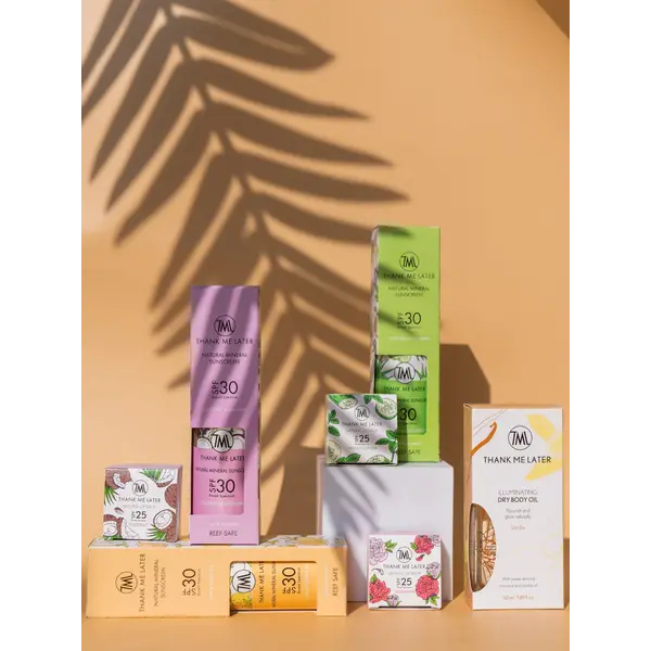 Thank Me Later Vorteilsset Großes Vorteilsset mit Sonnencreme, schimmerndem Trockenöl und Lippenbalsam mit LSF
