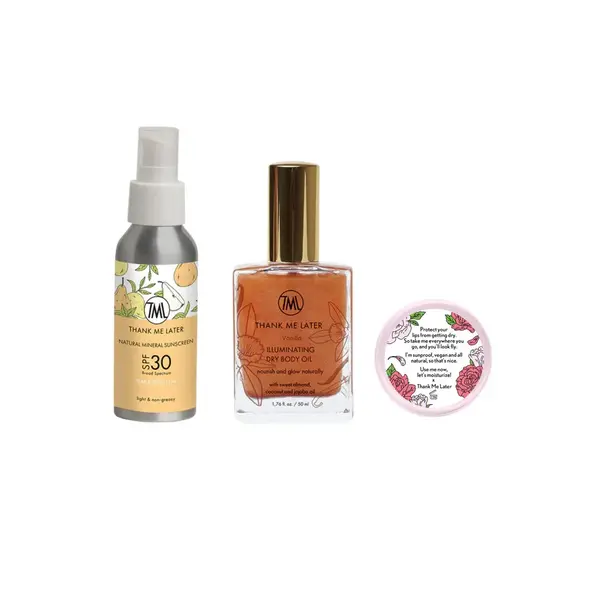 Thank Me Later Vorteilsset: kleines Vorteilsset mit Sonnencreme, Öl für trockene Haut mit Schimmerpartikeln und Lippenbalsam mit Lichtschutzfaktor